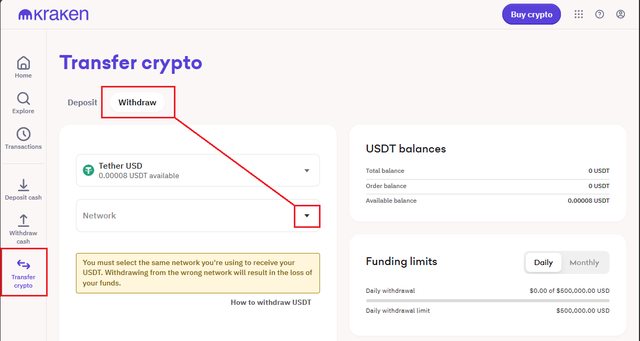 Withdrawal USDT from Kraken using the Tron Network 01