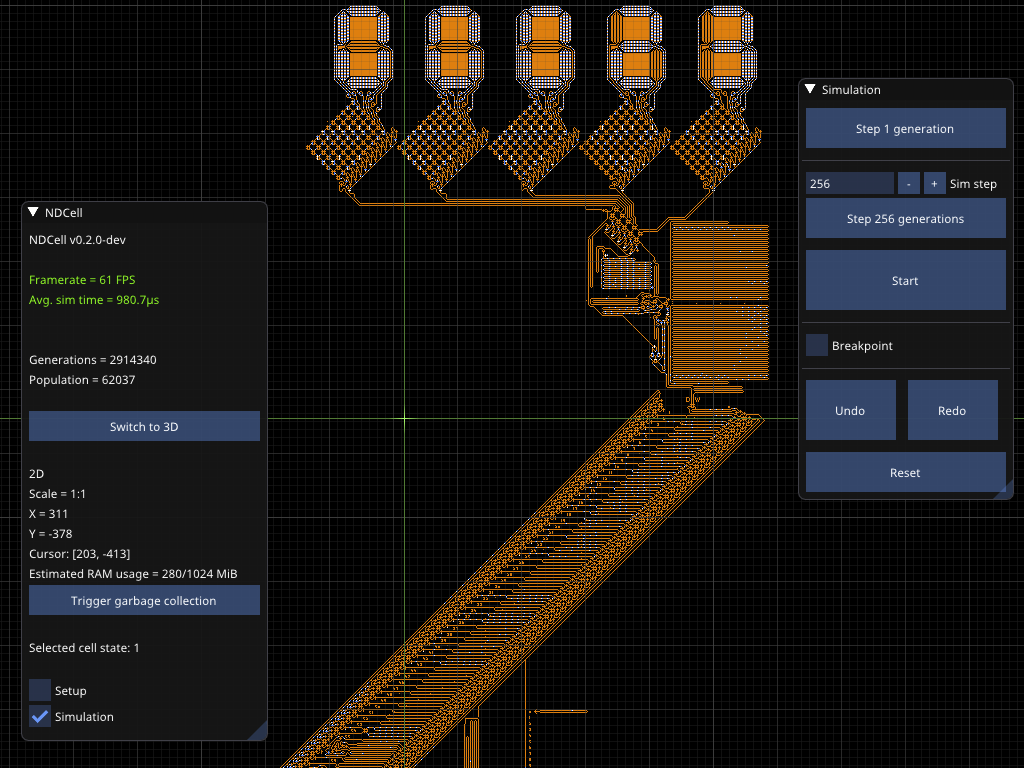 WireWorld primes calculator simulated for 2.9 million generations, displaying the number 23