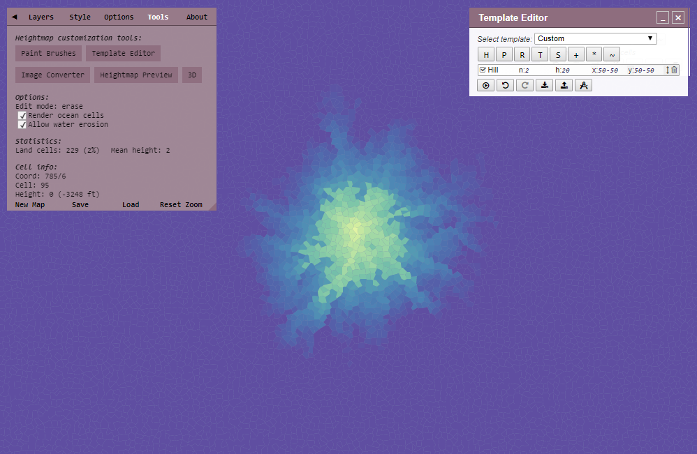 Heightmap showing two hills of height 20 at the same place