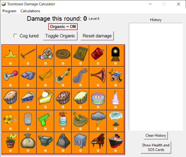 The gag calculator, with a red rectangle around the gag panel, and the text organic indicator while organic mode is active.