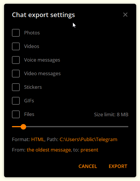 Chat Export in Telegram Desktop
