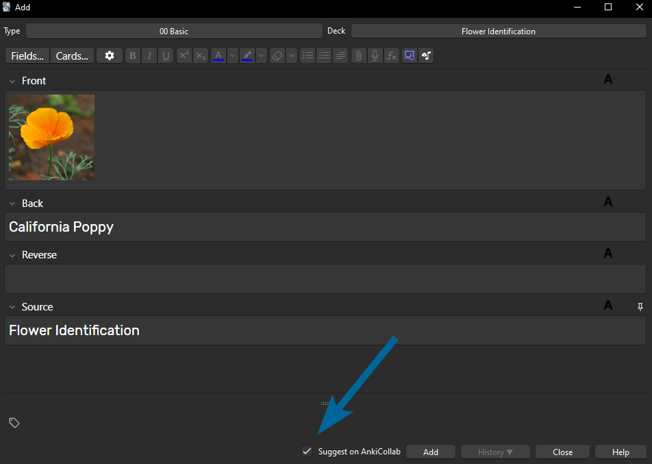 Blue arrow pointing to the Suggest on AnkiCollab buttom at the bottom of the Add window.