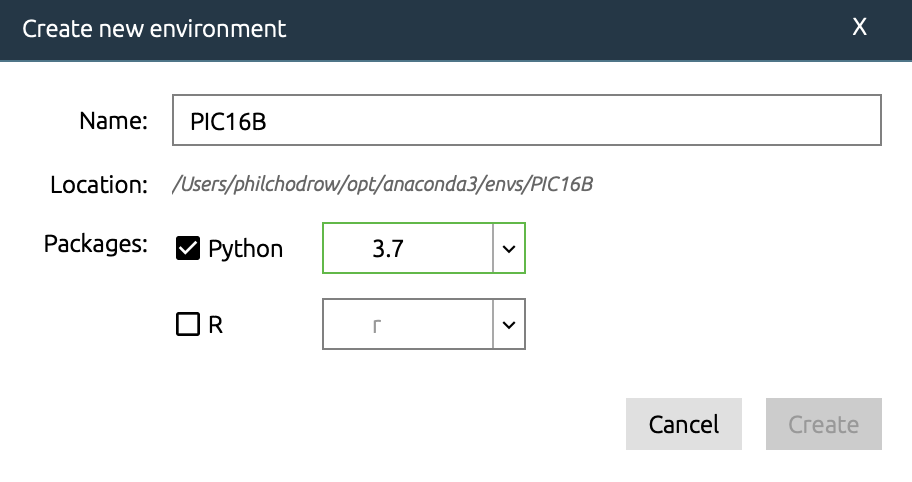 A screencap of the Anaconda graphical installer. The prompt states 'You have chosen to install this software in the folder philchodrow on the disk Macintosh HD'