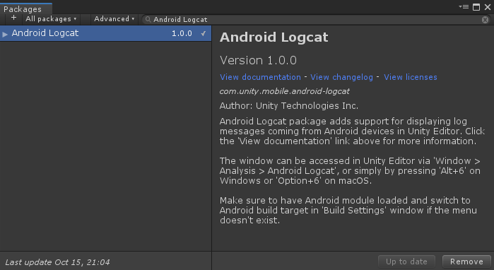 Packages tab with Android Logcat