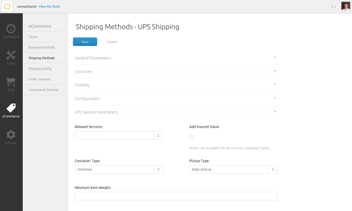 Shipping Method UPS Parameters