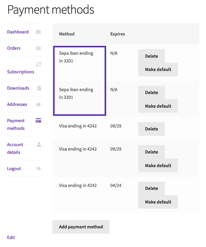 Sepa iban on payment methods list page