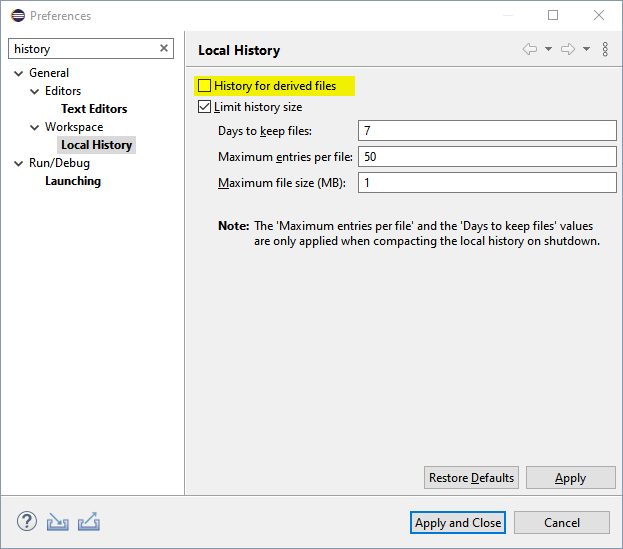 history for derived files preferences