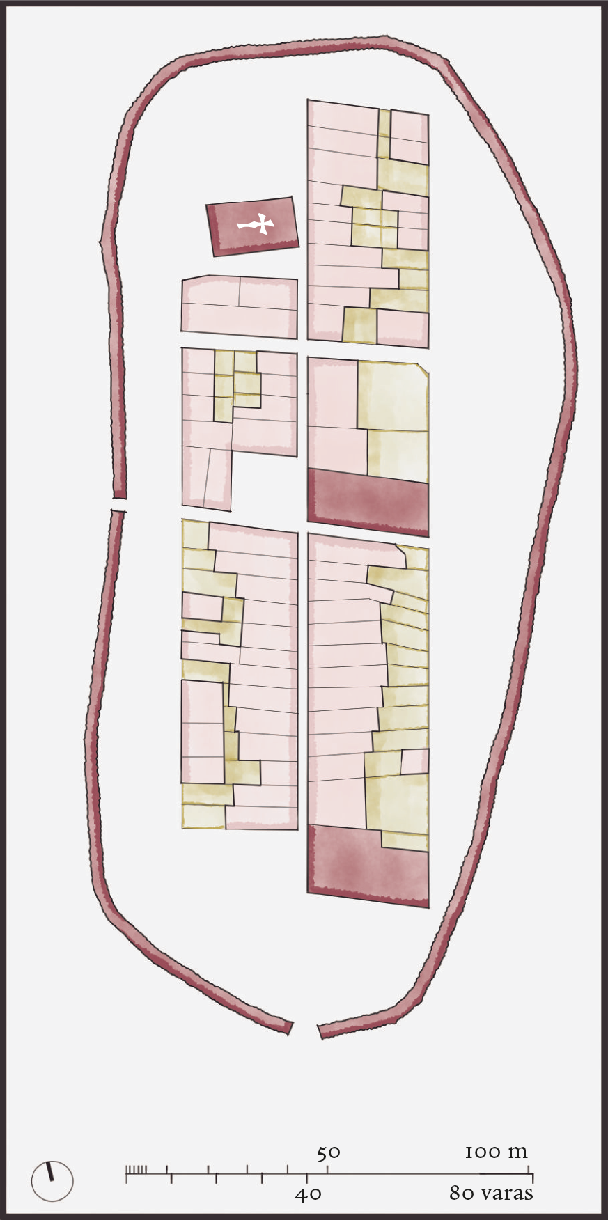 Reconstructed foundation town plan of Caminha, thirteenth century, author's drawing after [@trindade:2009urbanismo, 157]