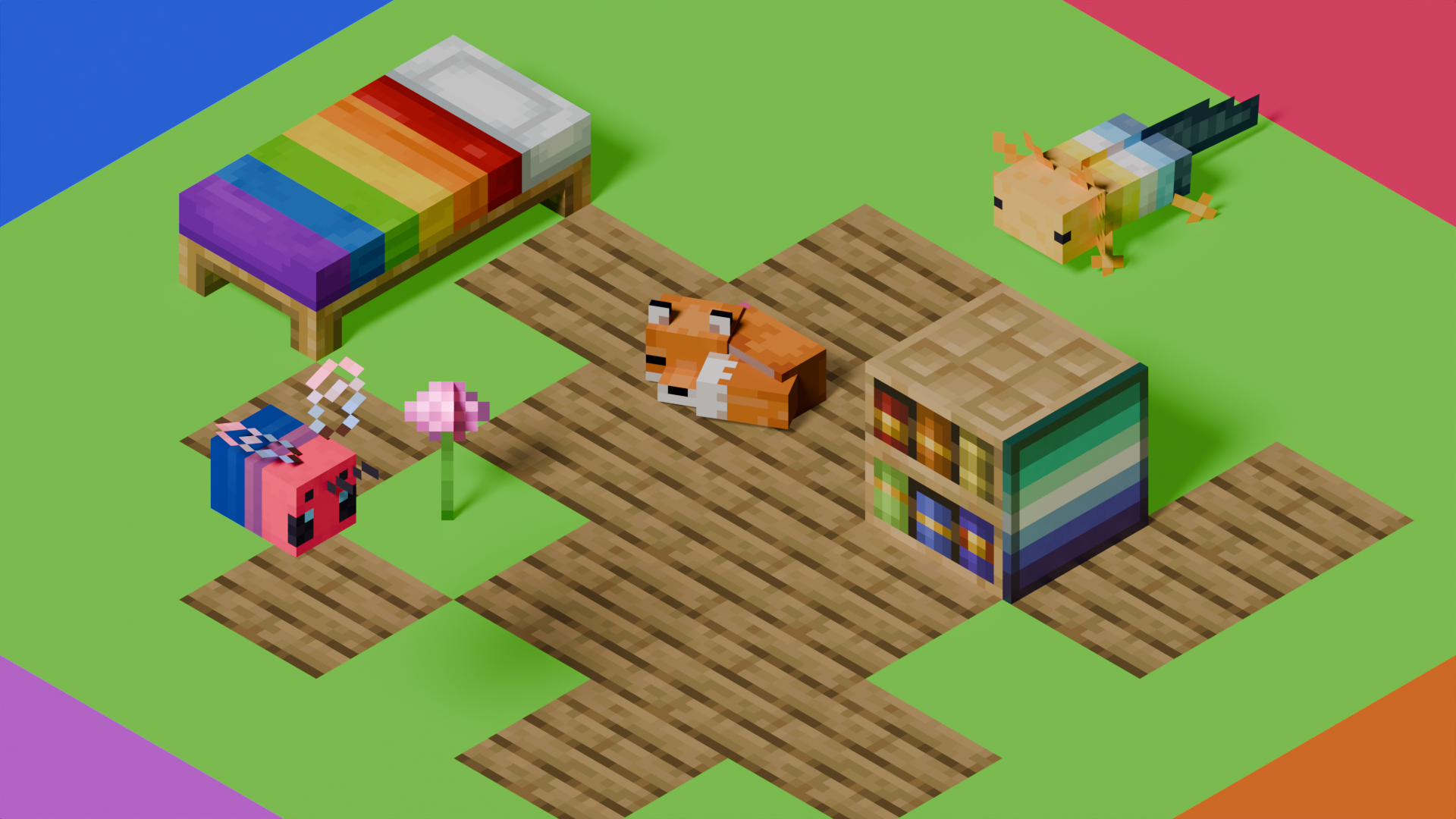Various Pridepack features sitting on a colourful surface.