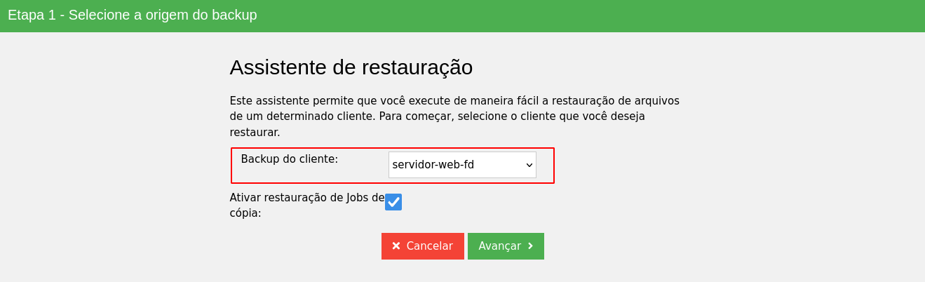 Seleção do cliente a ser restaurado