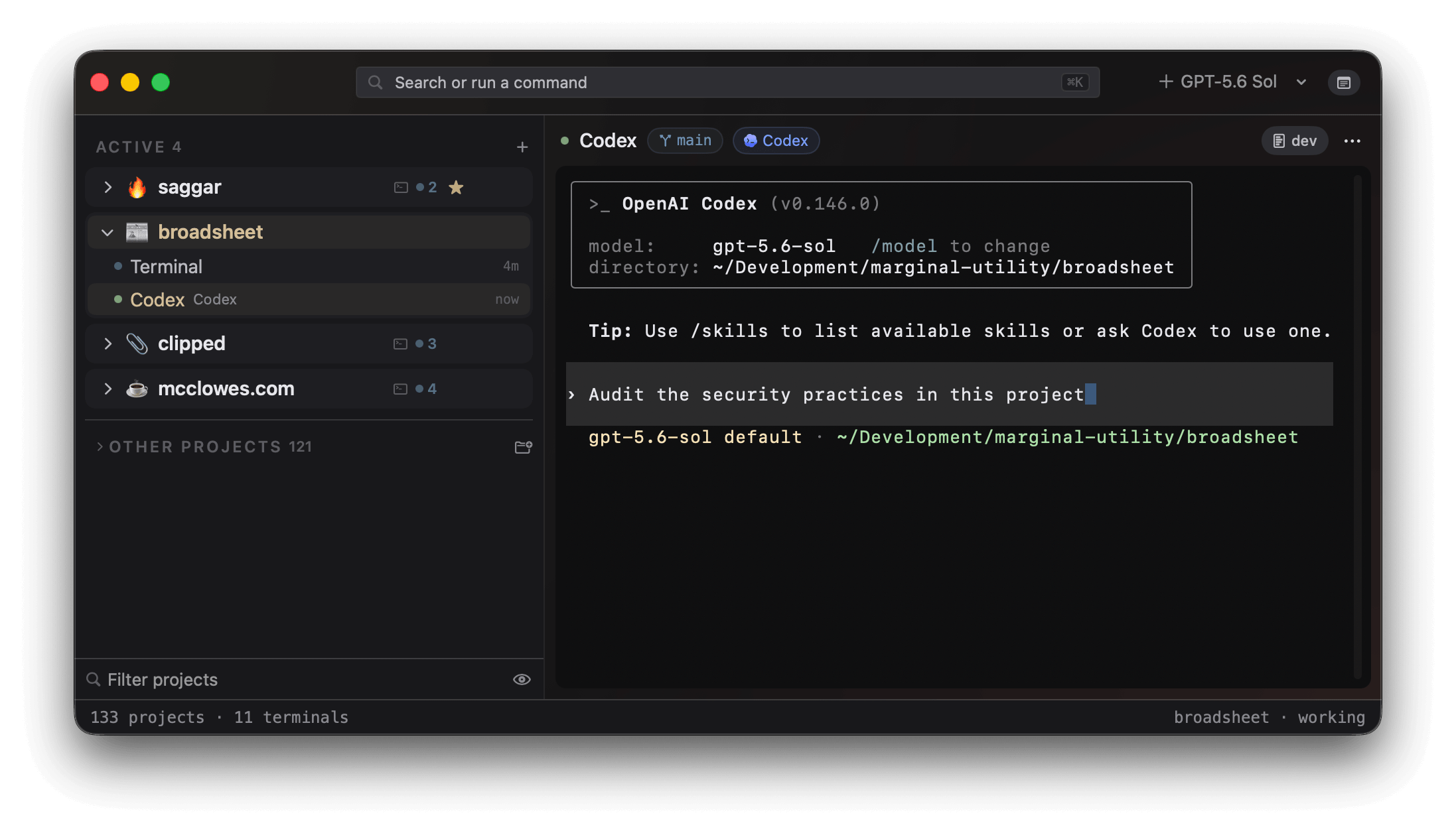 A Codex session running inside Saggar