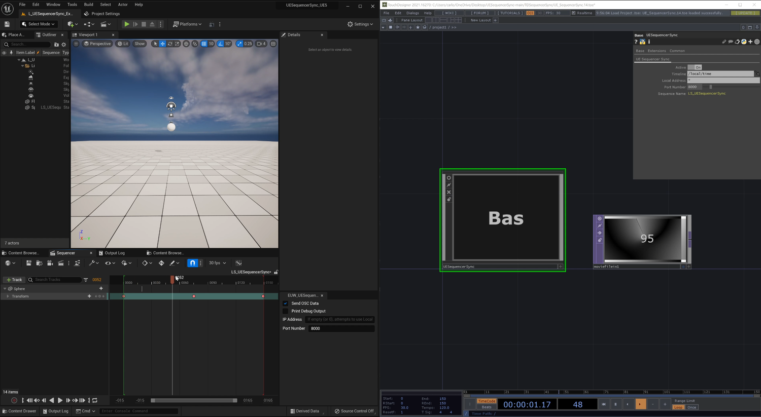 Screenshot of UESequencerSync running in Unreal Engine and TouchDesigner.