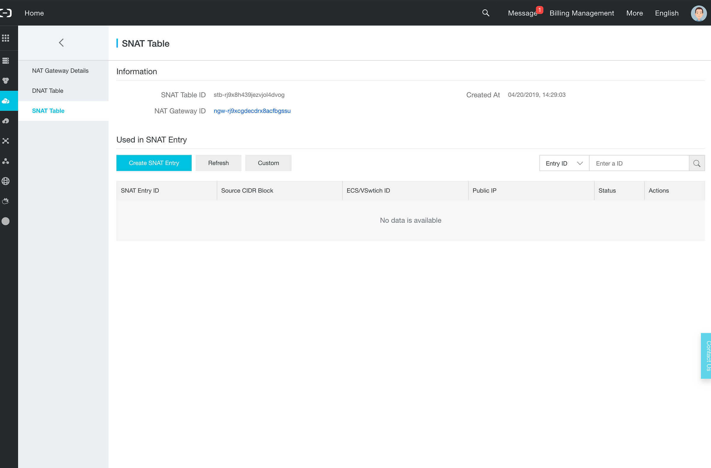 Alibaba Cloud — LTO node — Add a SNAT entry to our table