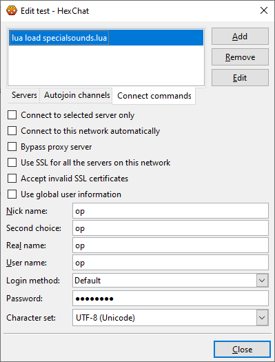 HexChat Network List network entry connect commands