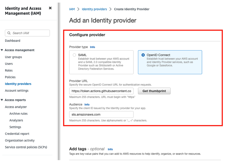 AWS console IAM configure identity provider