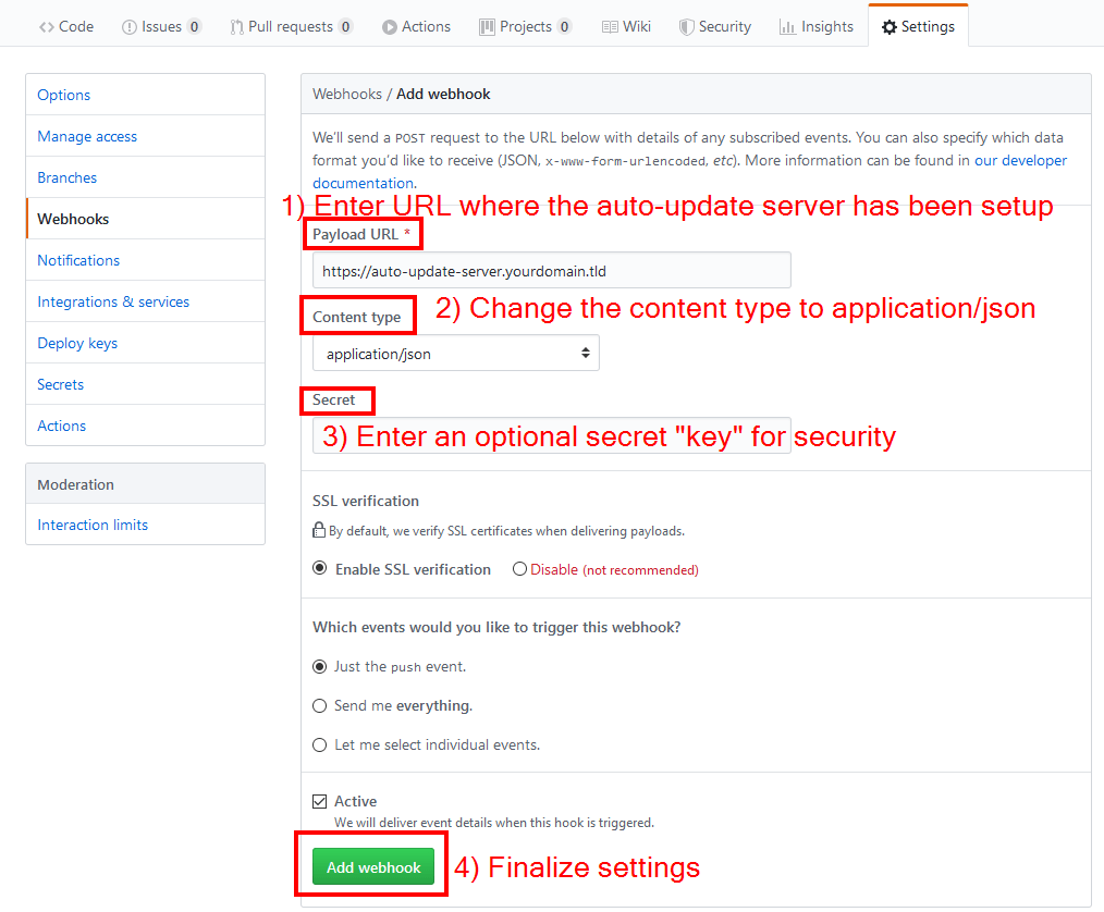 Finalize webhook settings