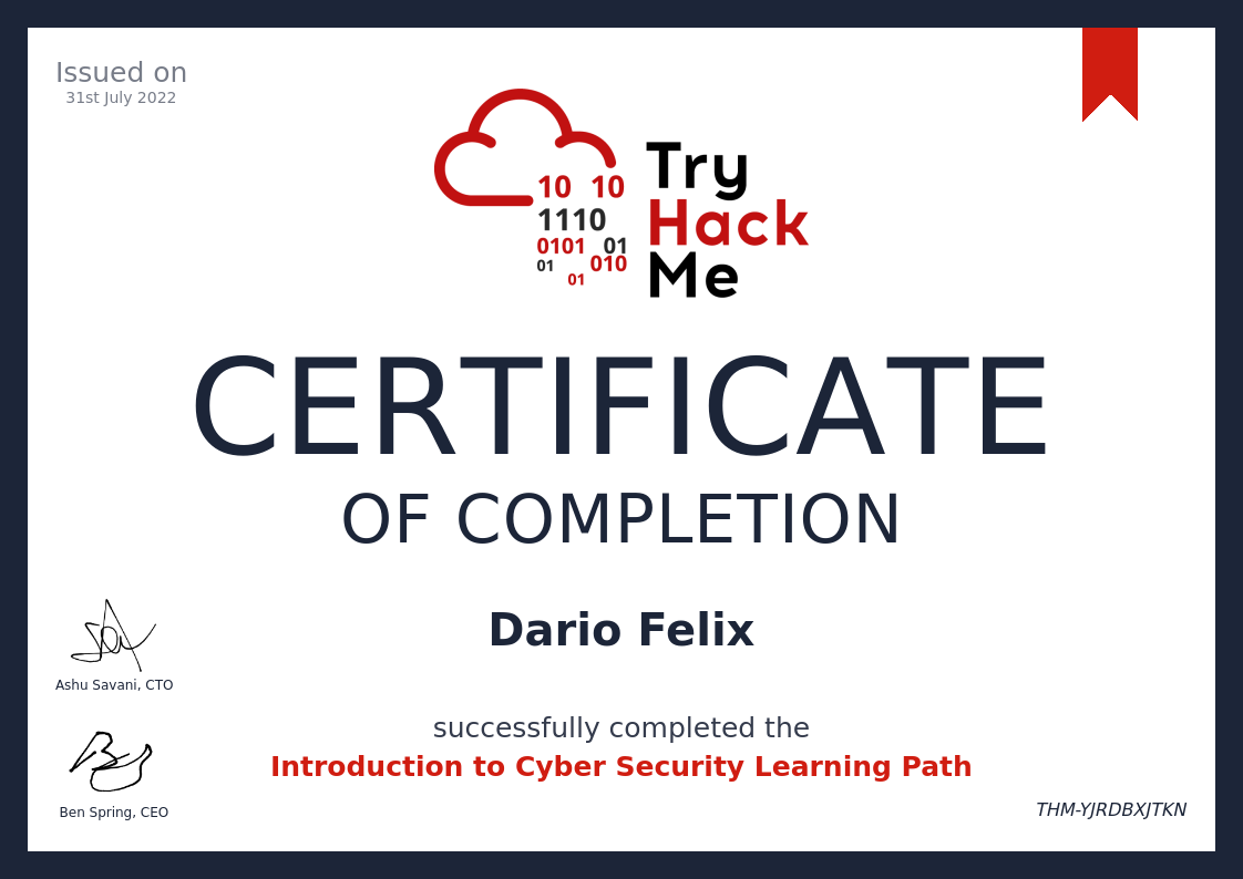 Certificate of Introduction to Cyber Security