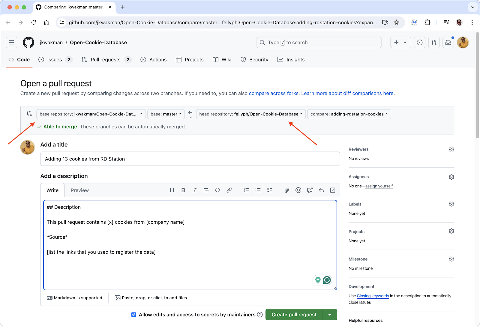 Comparing changes on the pull request to the open cookie database