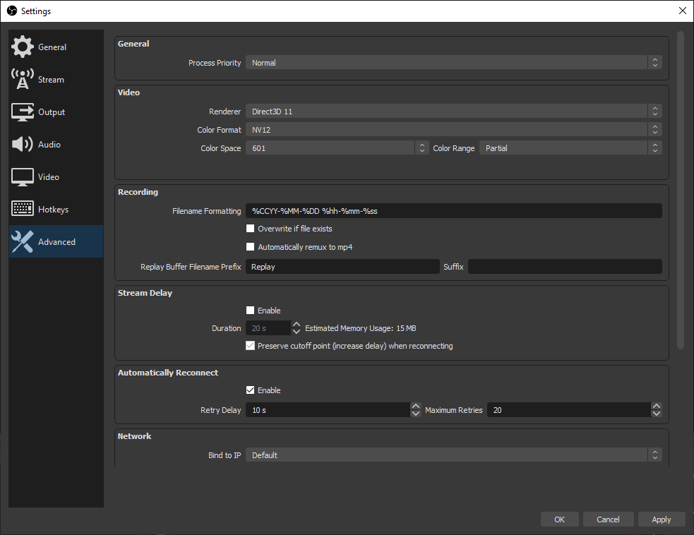 OBS Settings Advanced Window