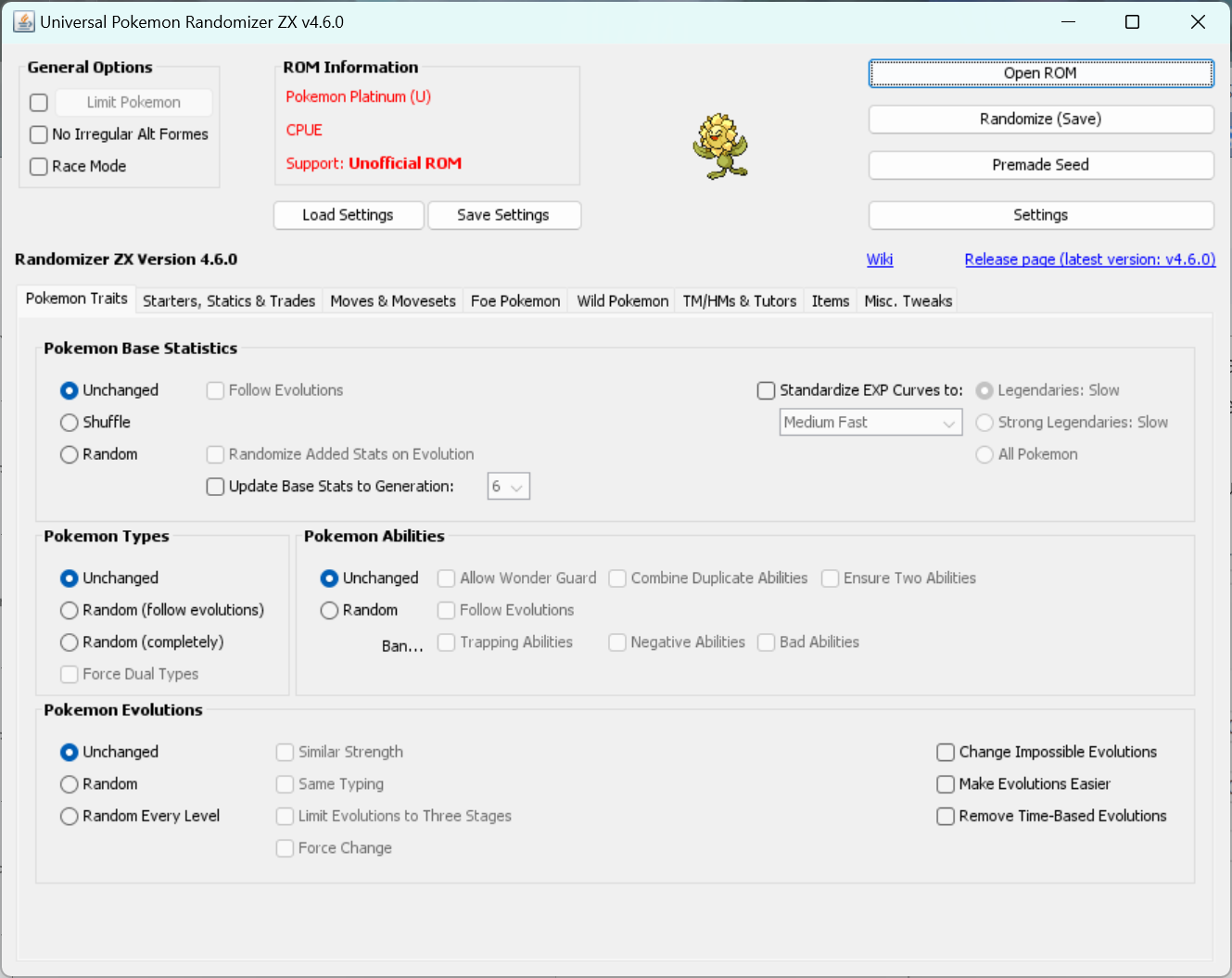 an image of the Universal Pokémon Randomizer ZX UI, showing "Support: Unofficial ROM"