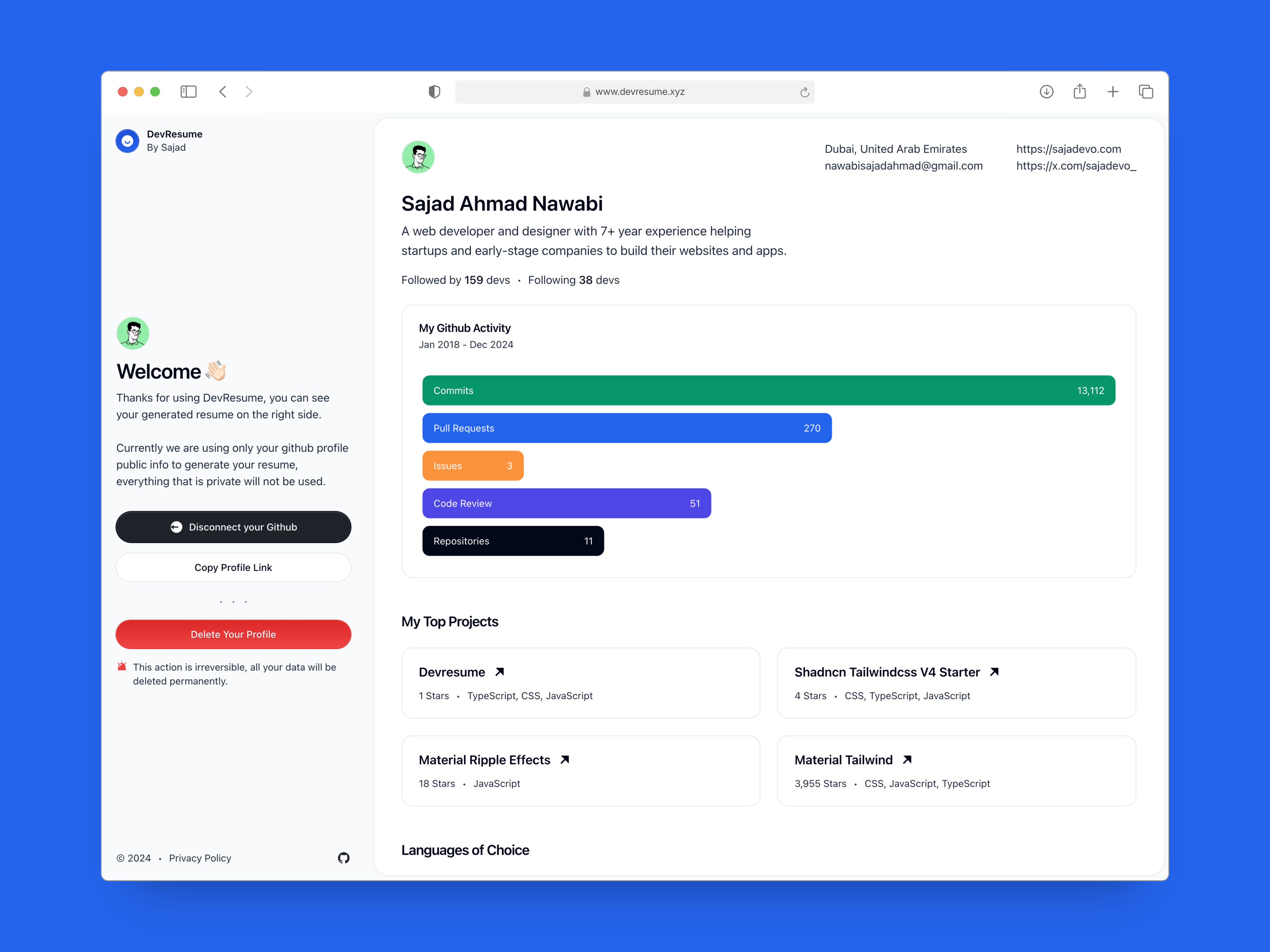 DevResume generates beautiful resume based on your GitHub profile data.