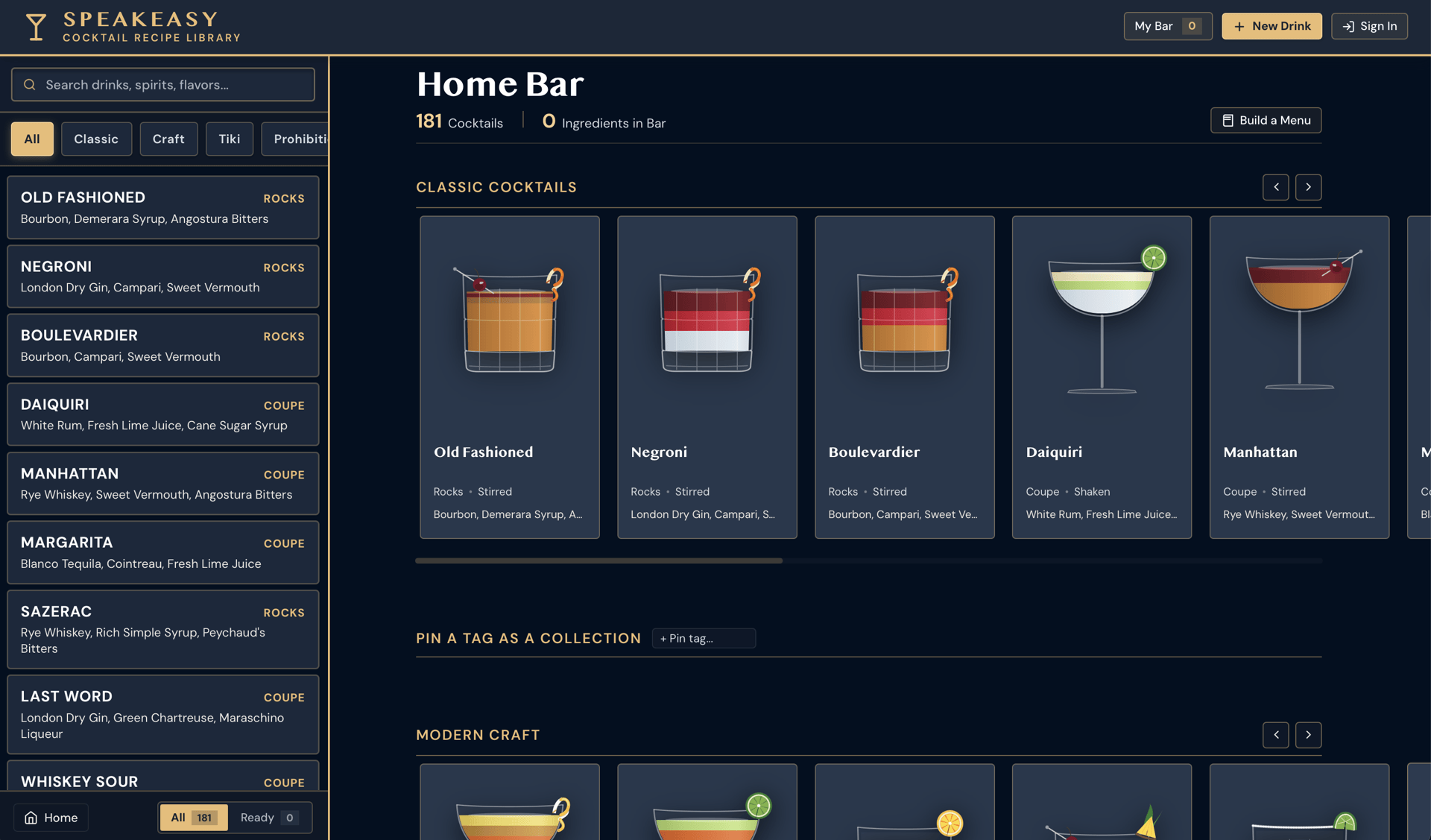 Speakeasy home screen, showing a browsable library of classic and modern cocktails