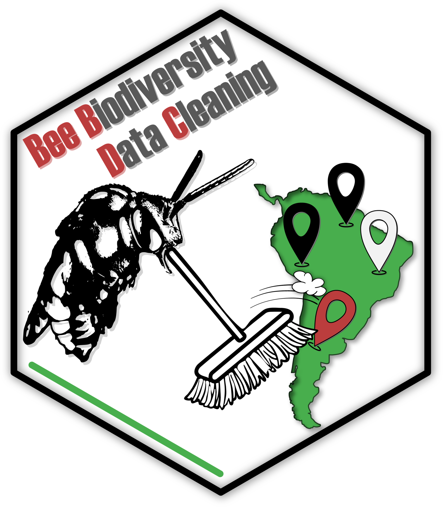 BeeBDC logo of a cuckoo bee sweeping up occurrence records in South America