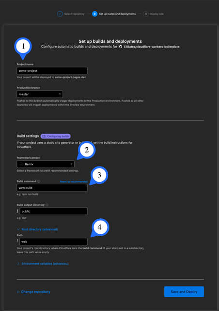 Settings for setting up git repo on cloudflare