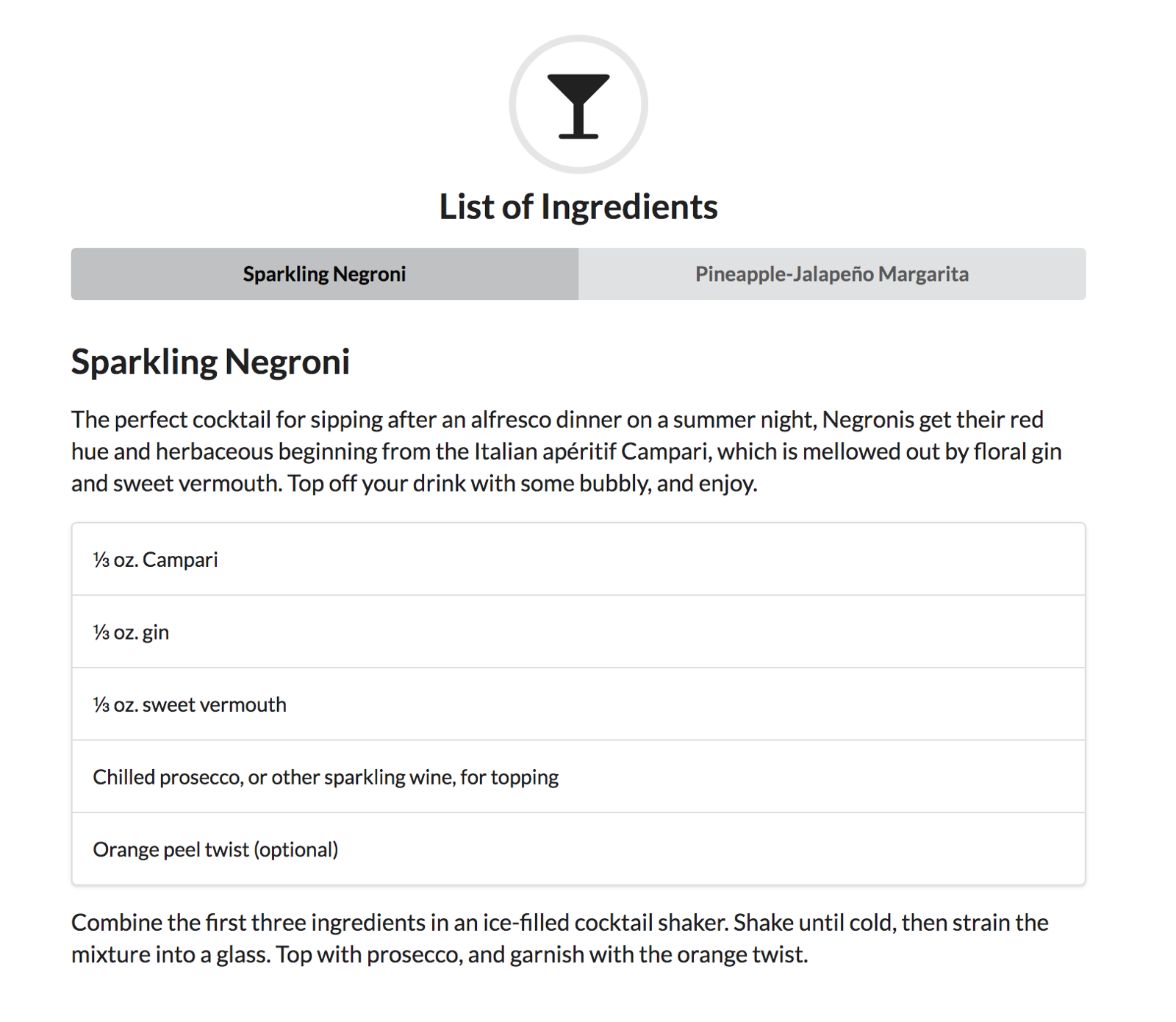 An example of the List of Ingredients app