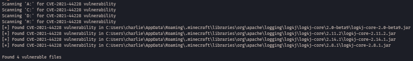 Terminal output from running .\log4j-scanner.exe in a terminal