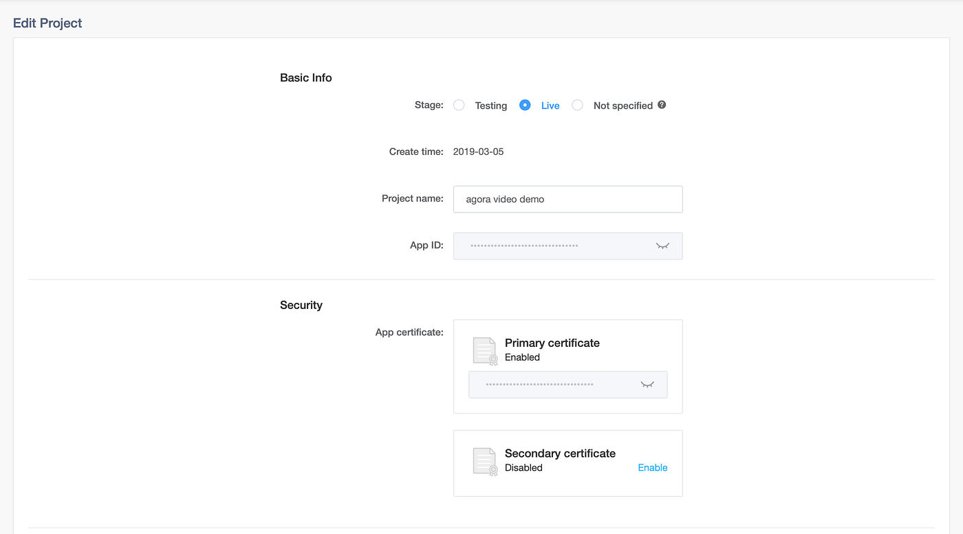 Agora Developer Console, Project Credentials Page