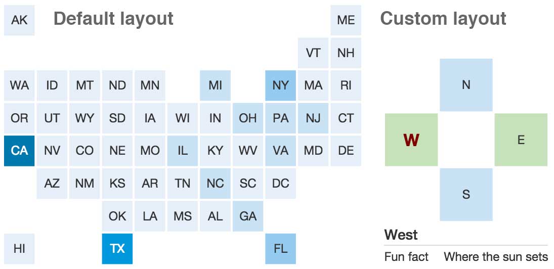 Images of the default U.S. states layout and a custom layout
