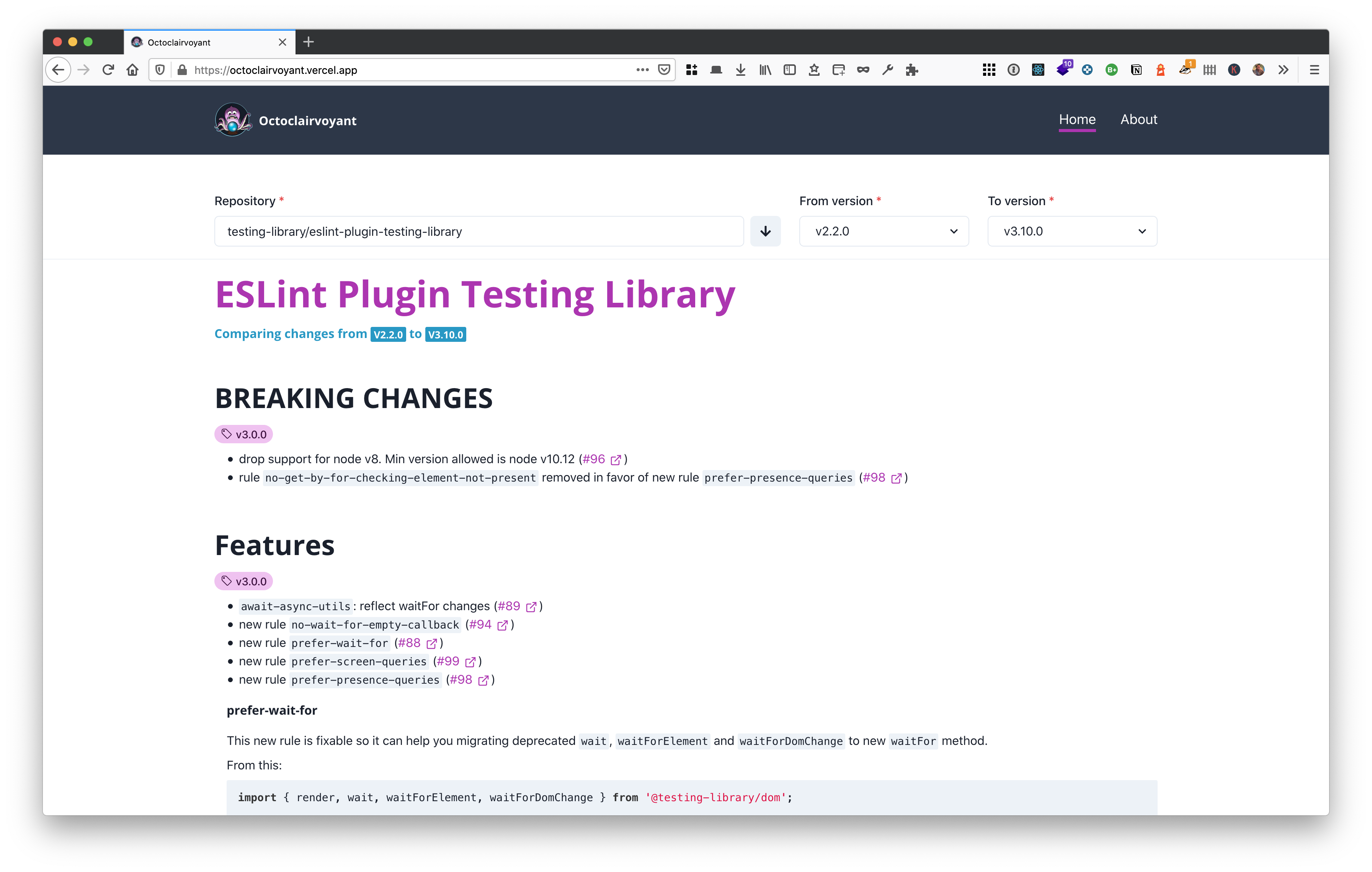 Octoclairvoyant preview comparing releases for eslint-plugin-testing-library