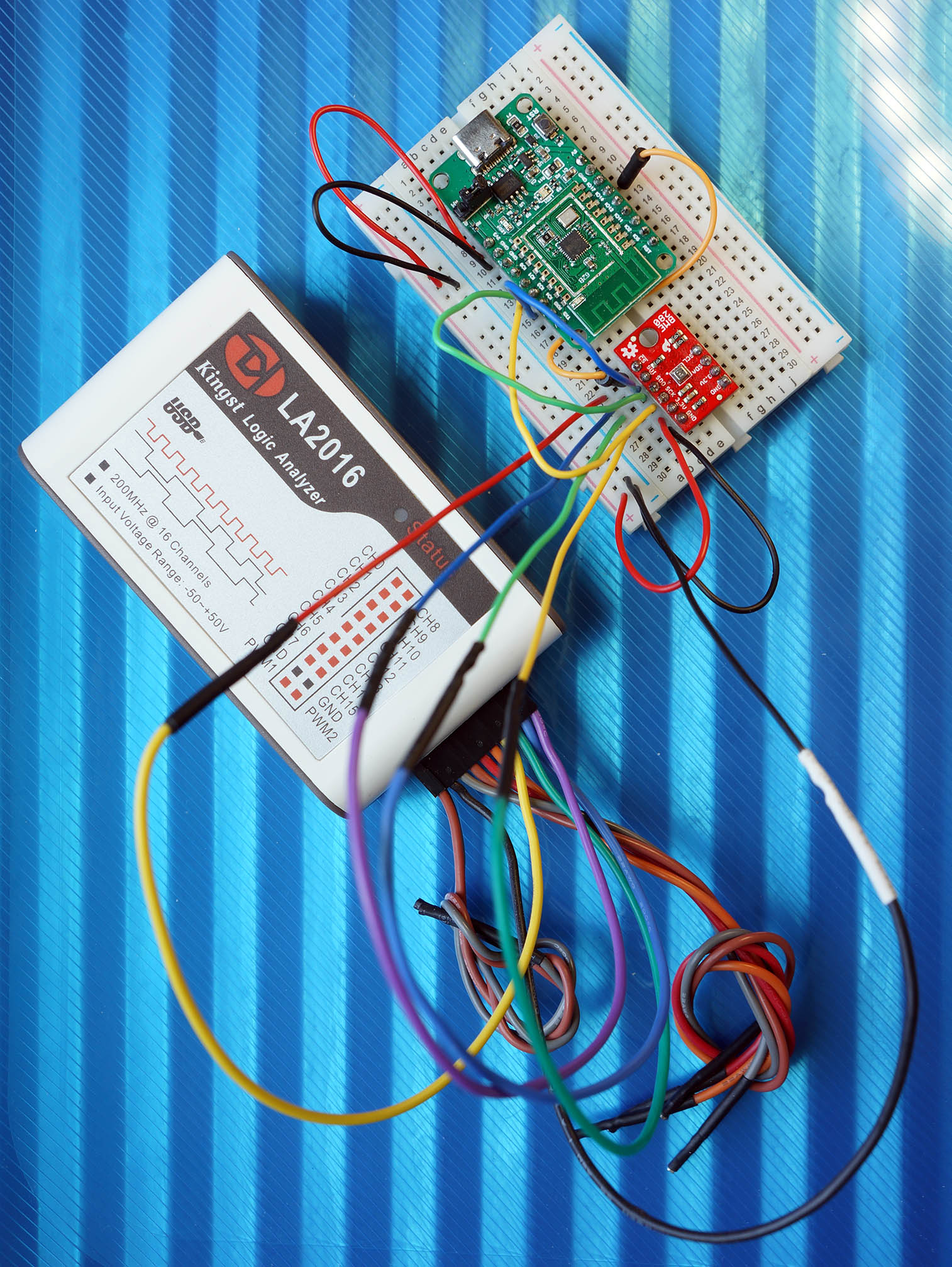 PineCone BL602 RISC-V Board connected to LA2016 Logic Analyser and BME280 SPI Sensor