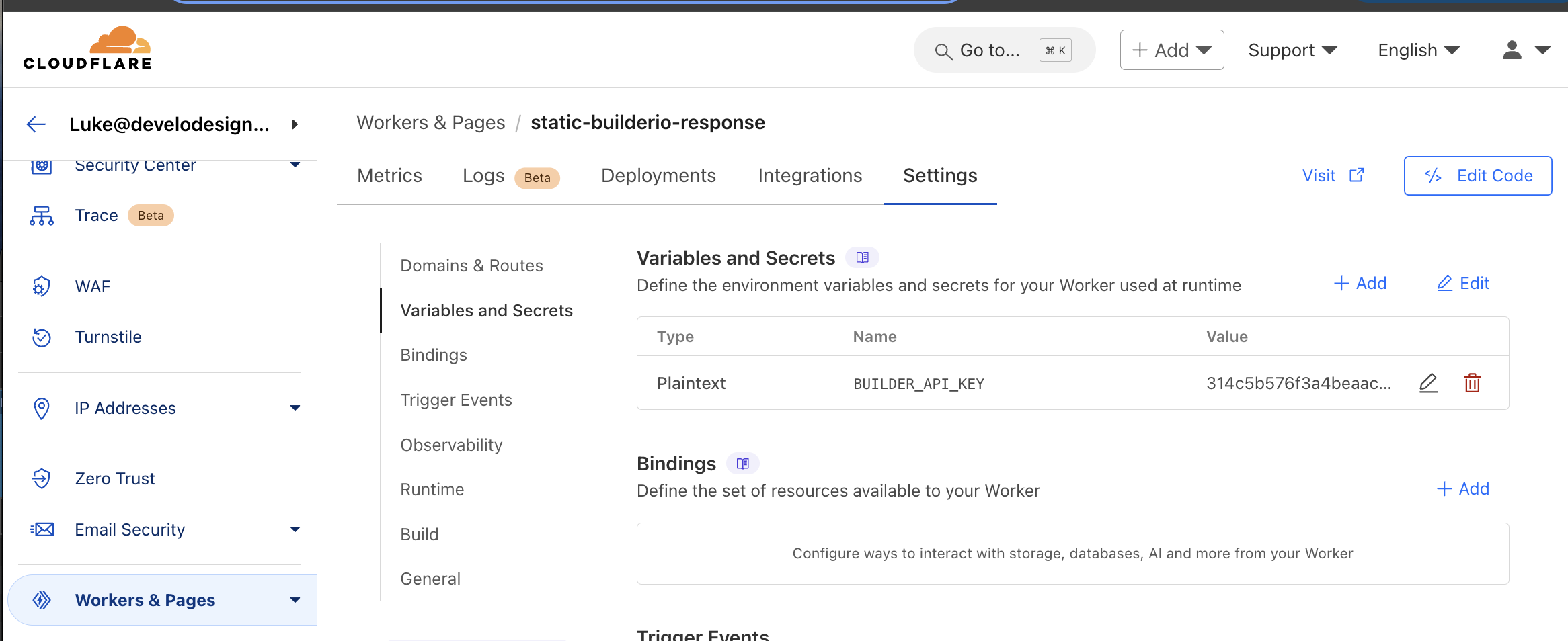 Screenshot of the Cloudflare Variables and Secrets screen.