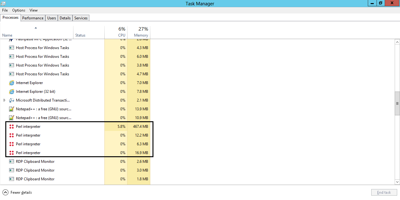 The processes running on the machine while uploading through the IRC bot