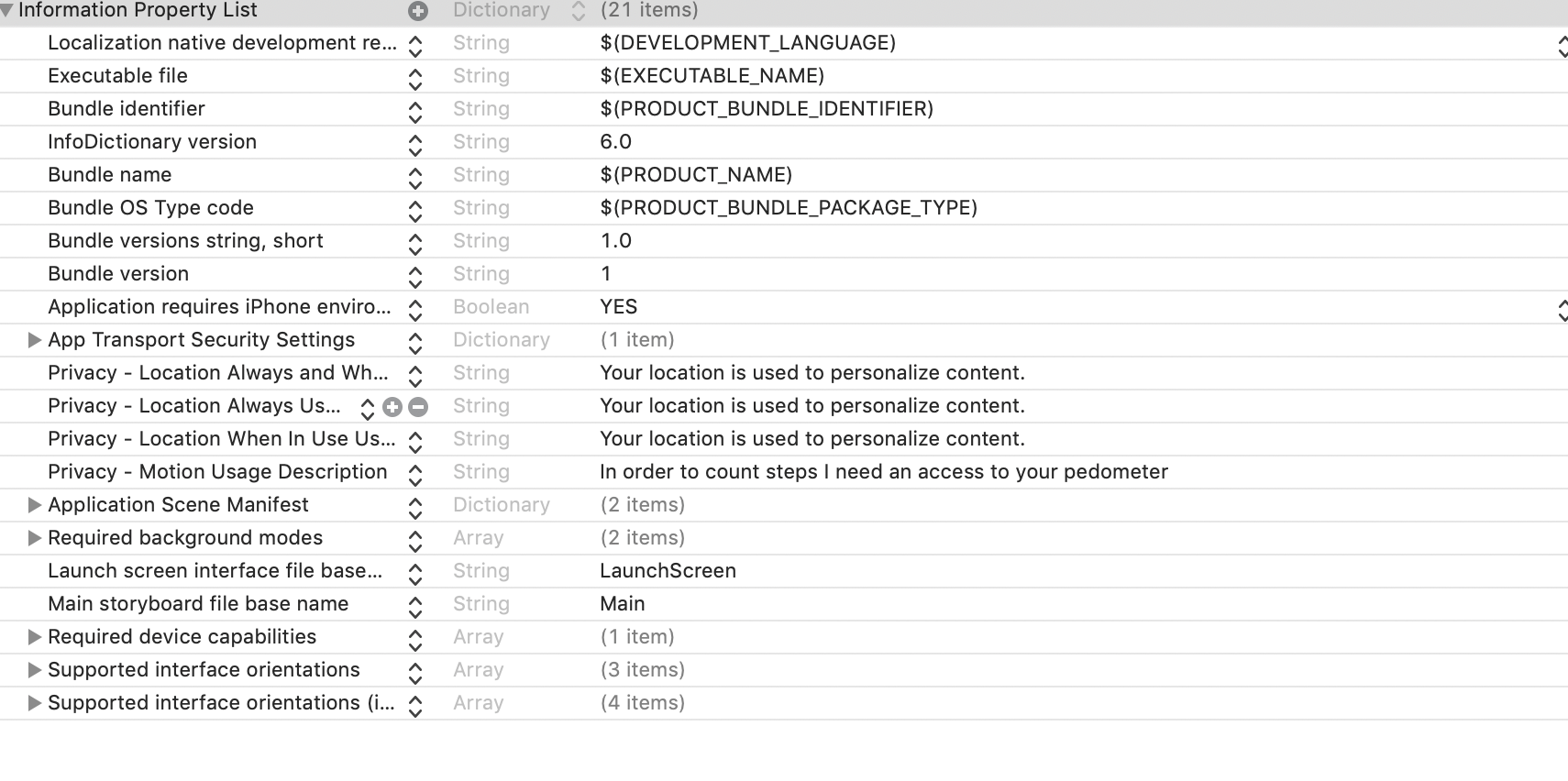 Project Settings Info Plist Permissions