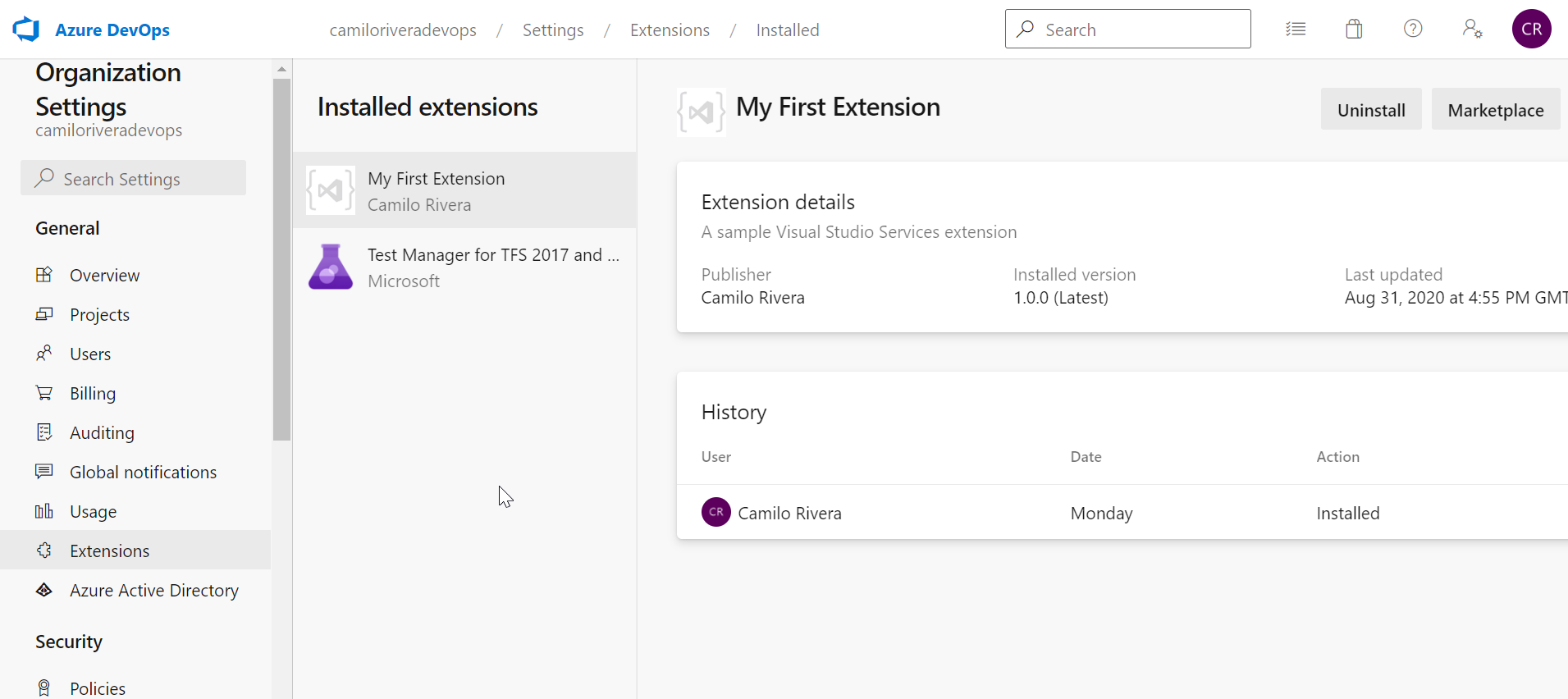 Published Extension on Azure DevOps