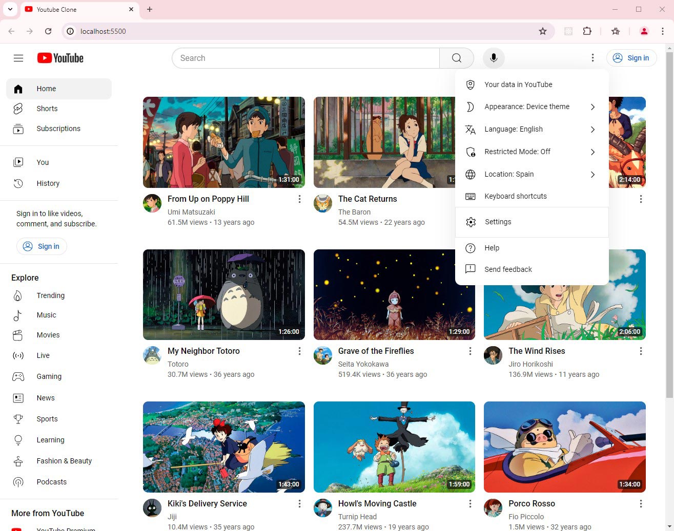 YouTube clone navbar settings modal