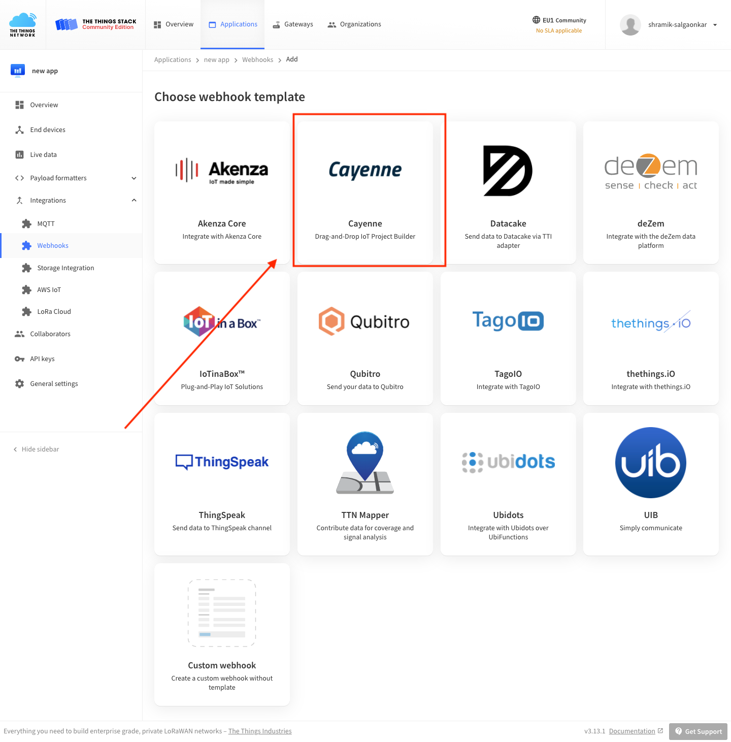 Cayenne integration screen with filled in values