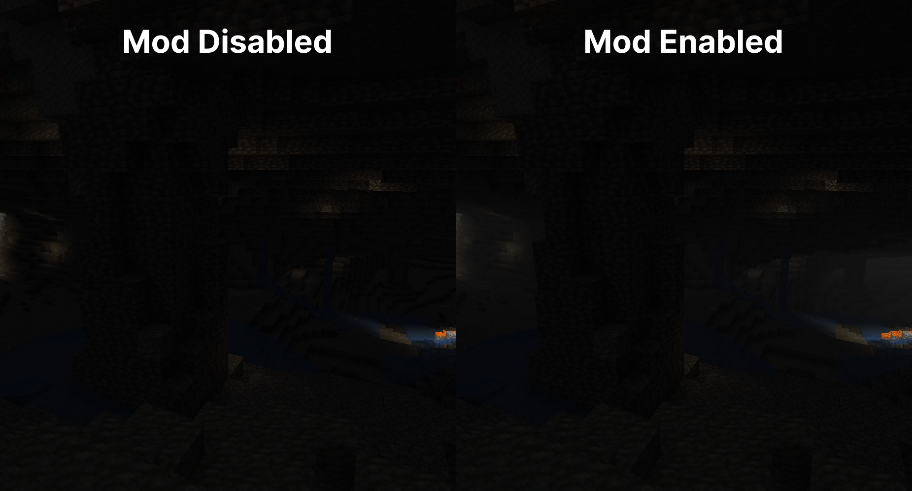 Cave Fog comparison (left: Mod Disabled; right: Mod Enabled)