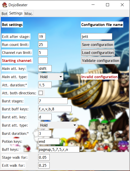 Screenshot of Bot graphical user interface (Settings tab is shown)