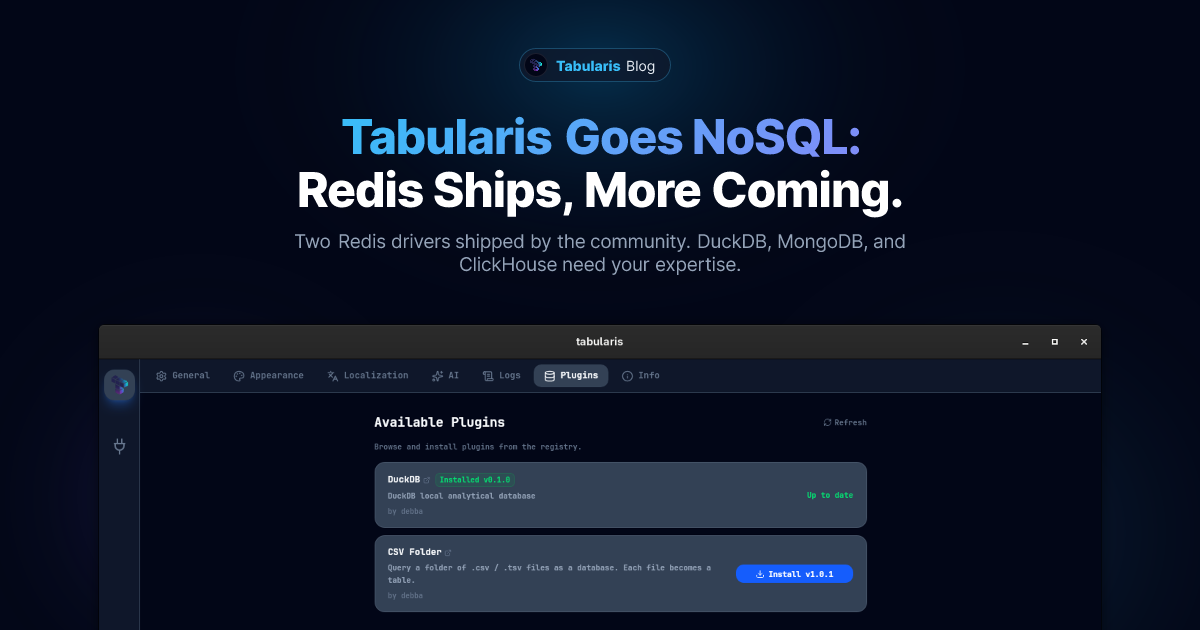 Tabularis Goes NoSQL: Redis Ships, MongoDB and ClickHouse Need You
