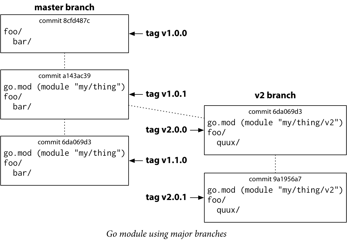 go module using major branches