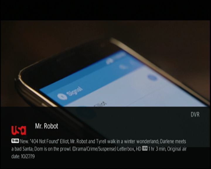 Still of a TV DVR showing Signal on screen during an episode of Mr. Robot.