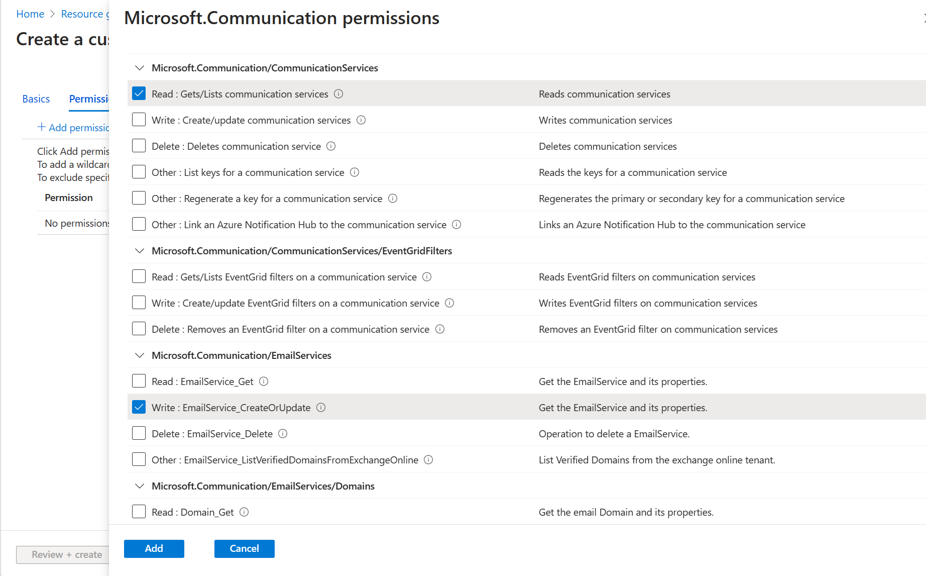 Screenshot showing adding Azure Communication Services' permissions