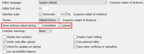 Showing verbose output during upload box checked