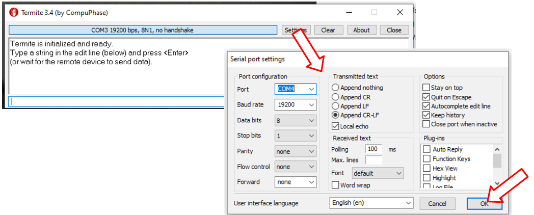 Configure proper settings on Termite for RS232 communication