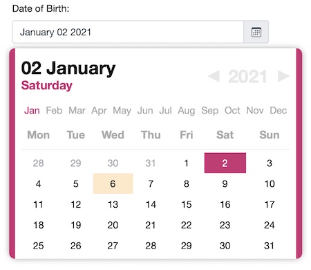 Date Picker for Blazor in Pink