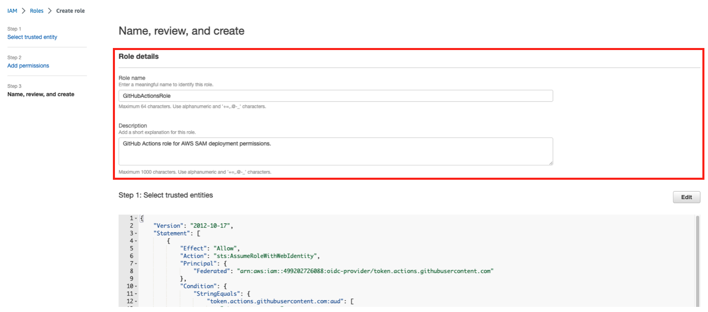 AWS console IAM role details